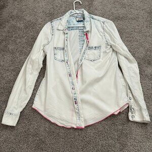 Jolt Buckle Retro Washed Denim Button Front Shirt Contrast Red Trim Large Cotton